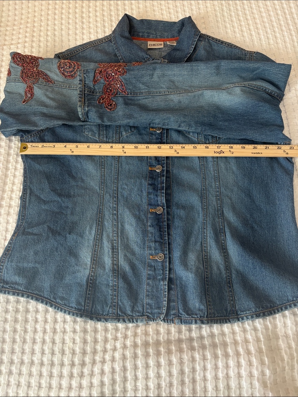 Chico’s Size 3 Embellished Sequin Embroidered Boho Artsy Festival Denim Jacket - Picture 5 of 6
